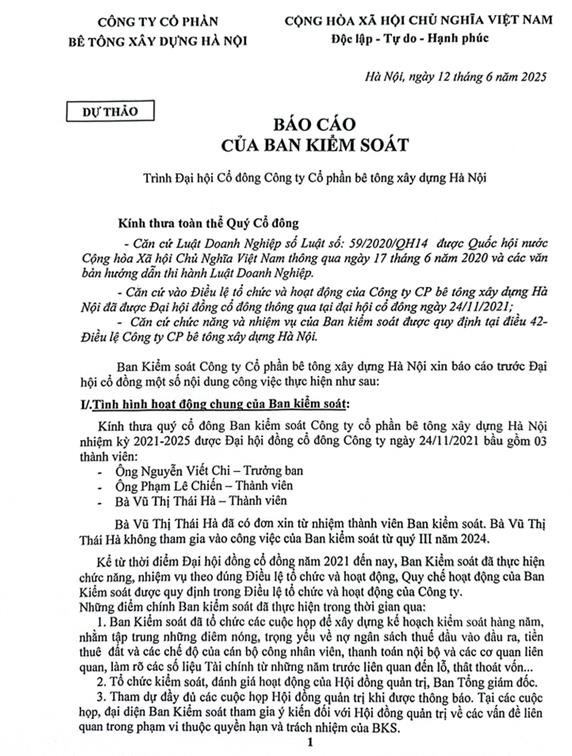 Báo cáo BKS trình ĐHĐ cổ đông thường niên năm 2025 (Dự thảo)