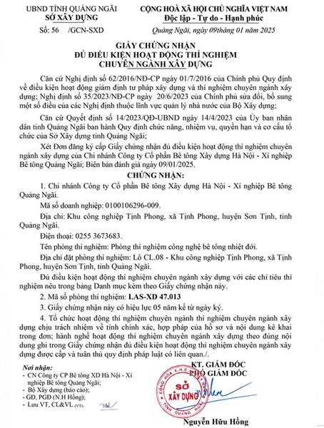 GIẤY CHỨNG NHẬN ĐỦ ĐIỀU KIỆN HOẠT ĐỘNG THÍ NGHIỆM CHUYÊN NGÀNH XÂY DỰNG