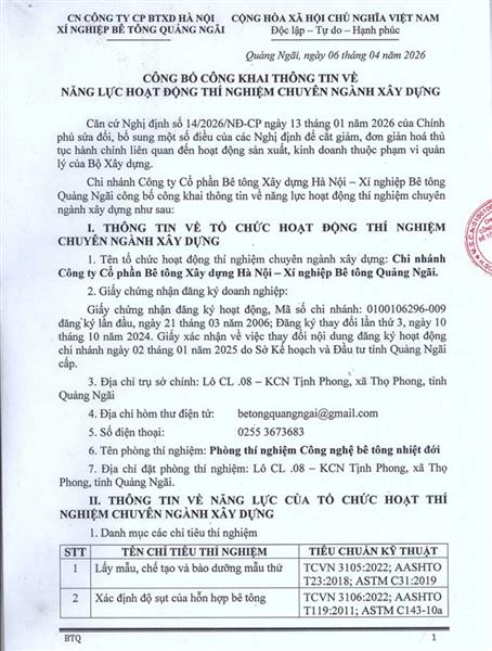 Công bố công khai thông tin về năng lực hoạt động thí nghiệm ngành xây dựng