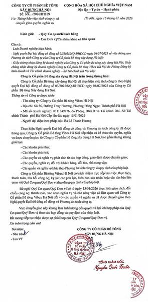 Thông báo việc tách công ty và chuyển giao quyền, nghĩa vụ