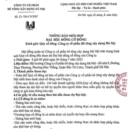 Thông báo: Mời họp ĐHCĐ thường niên năm 2025
