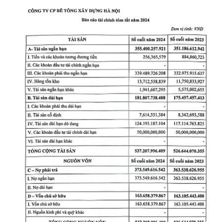 Báo cáo tài chính tóm tắt năm 2024 - Công ty CP bê tông xây dựng Hà Nội