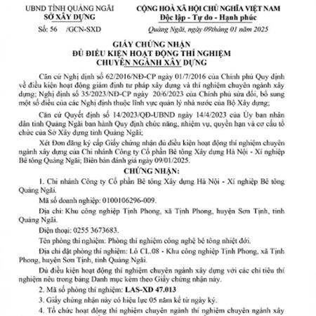 GIẤY CHỨNG NHẬN ĐỦ ĐIỀU KIỆN HOẠT ĐỘNG THÍ NGHIỆM CHUYÊN NGÀNH XÂY DỰNG