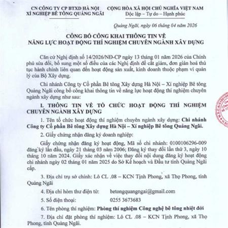 Công bố công khai thông tin về năng lực hoạt động thí nghiệm ngành xây dựng