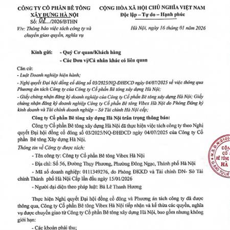 Thông báo việc tách công ty và chuyển giao quyền, nghĩa vụ